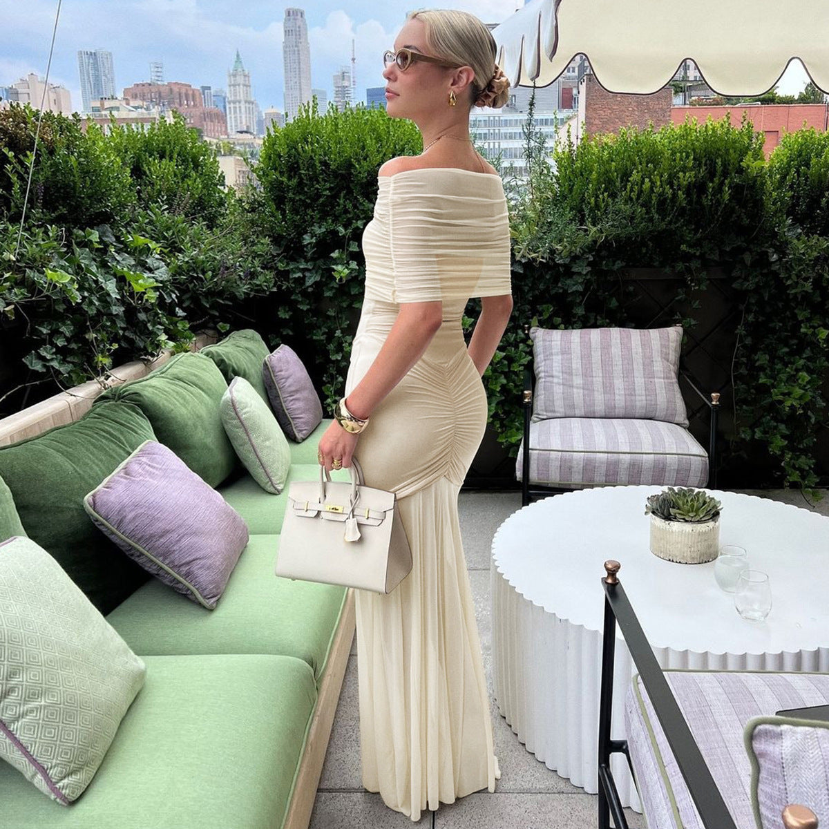 VELMORA BABYSHOWER | Maternity Off-Shoulder Pleated Mesh Maxi Dress