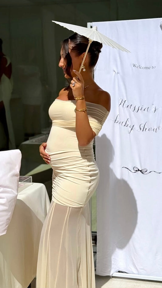 VELMORA BABYSHOWER | Maternity Off-Shoulder Pleated Mesh Maxi Dress