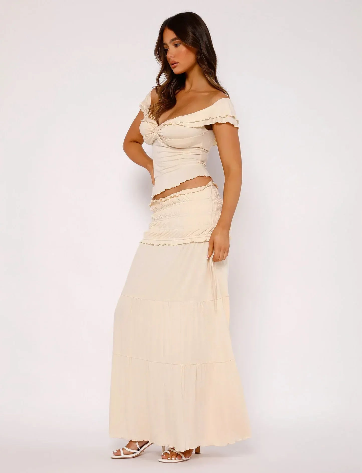 VELMORA BABYSHOWER | Maternity Ruffled Top with Maxi Skirt Boho Set