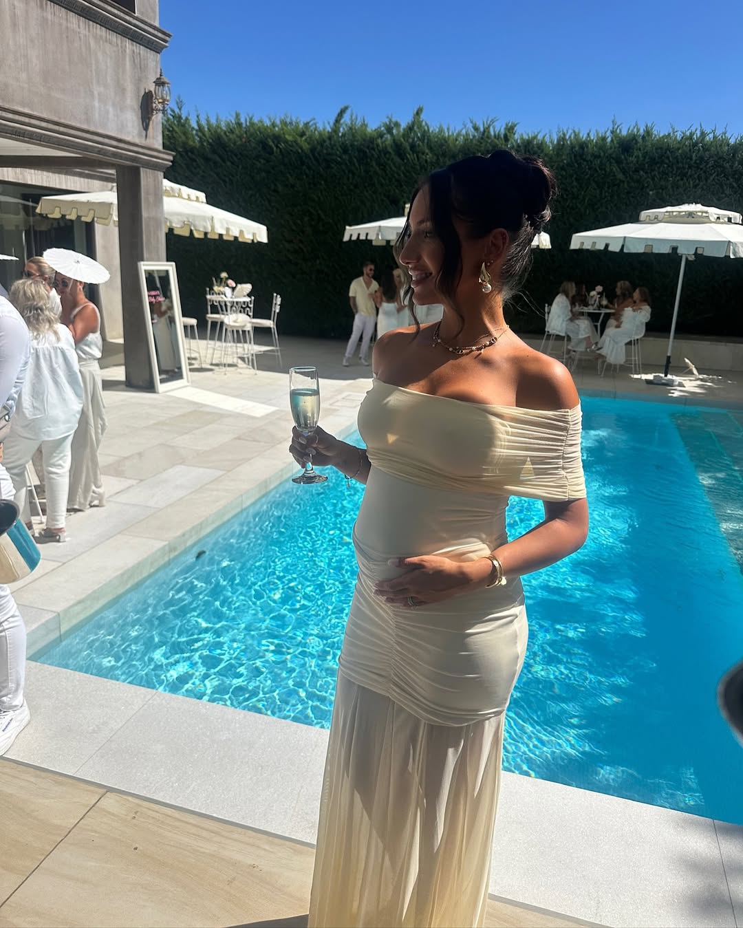 VELMORA BABYSHOWER | Maternity Off-Shoulder Pleated Mesh Maxi Dress