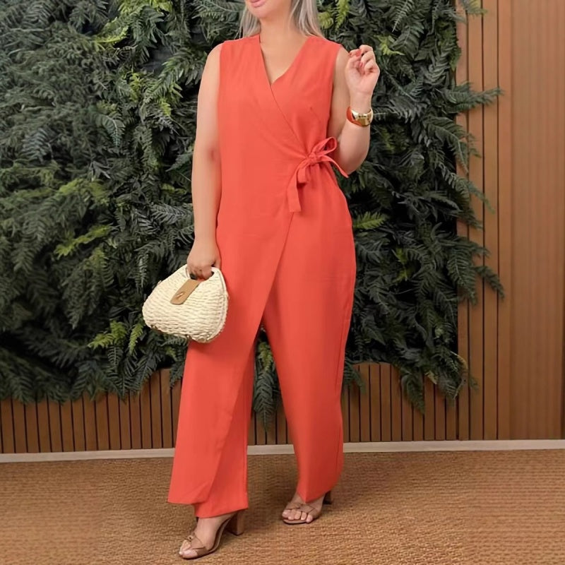 Velmora Femme 30/40 + - Casual effen V-hals jumpsuit met strik voor dames