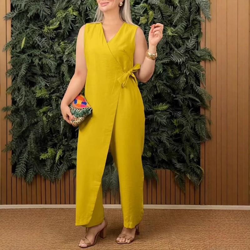Velmora Femme 30/40 + - Casual effen V-hals jumpsuit met strik voor dames