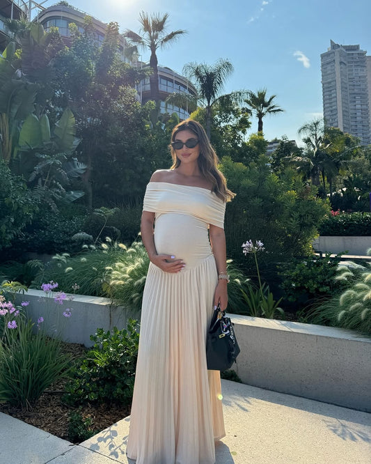 VELMORA BABYSHOWER | Maternity Off Shoulder Pleated Maxi Dress