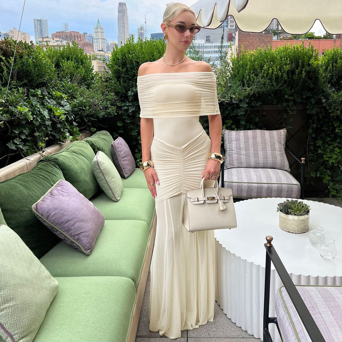 VELMORA BABYSHOWER | Maternity Off-Shoulder Pleated Mesh Maxi Dress