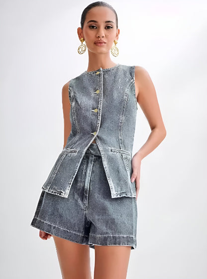 VELMORA | DENIM BUTTON UP SET