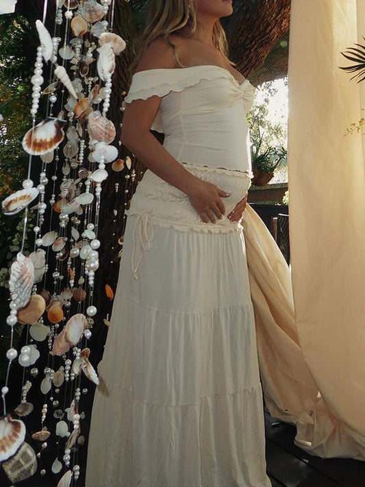 VELMORA BABYSHOWER | Maternity Ruffled Top with Maxi Skirt Boho Set