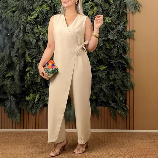 Velmora Femme 30/40 + - Casual effen V-hals jumpsuit met strik voor dames
